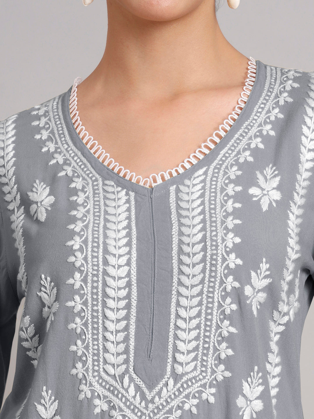 Women Hand Embroidered Lucknowi Chikankari Rayon Kurta Set-AL4078KS Grey