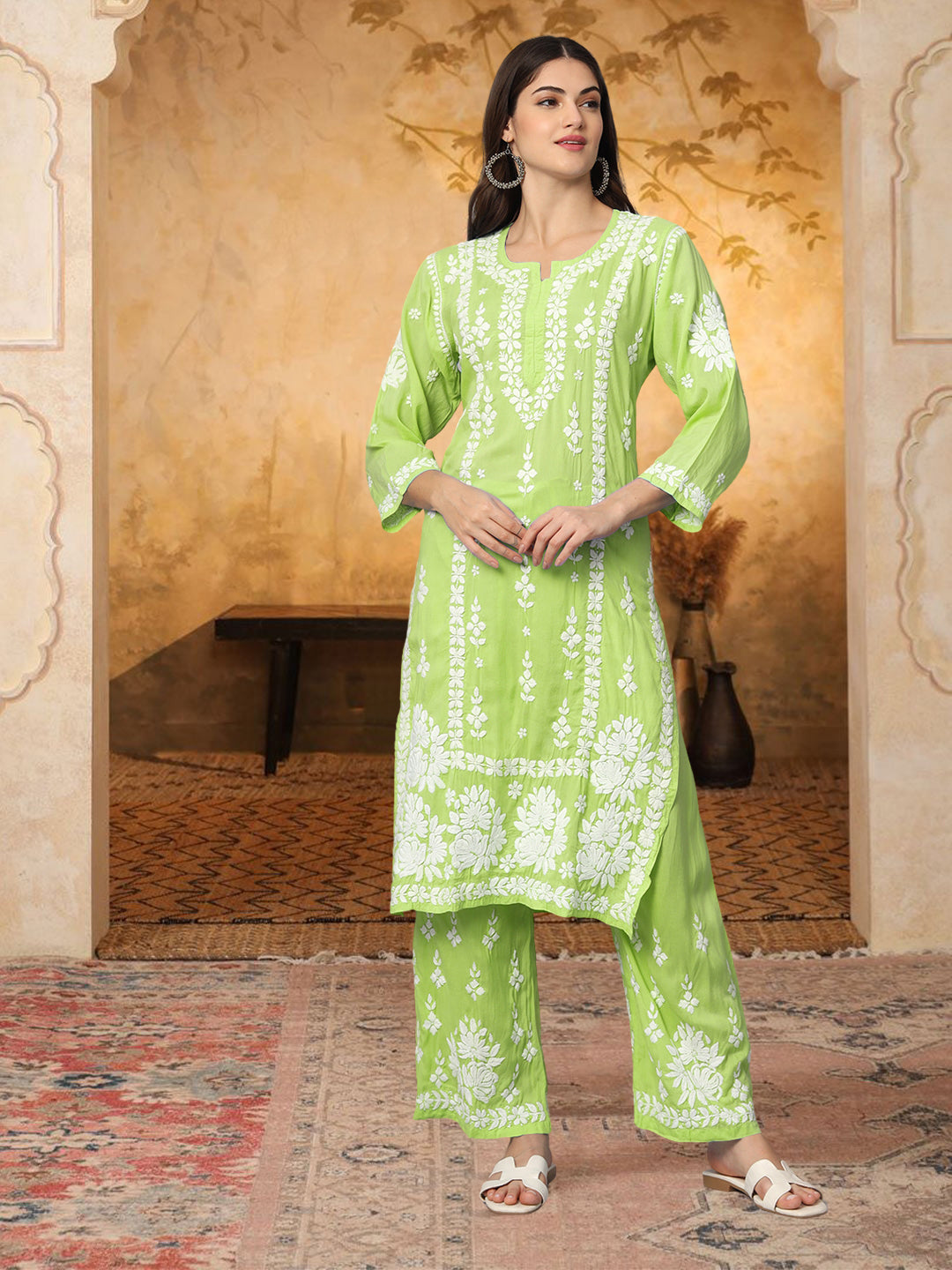 Women Hand Embroidered Chikankari Modal Kurta set-AL4049KS Green