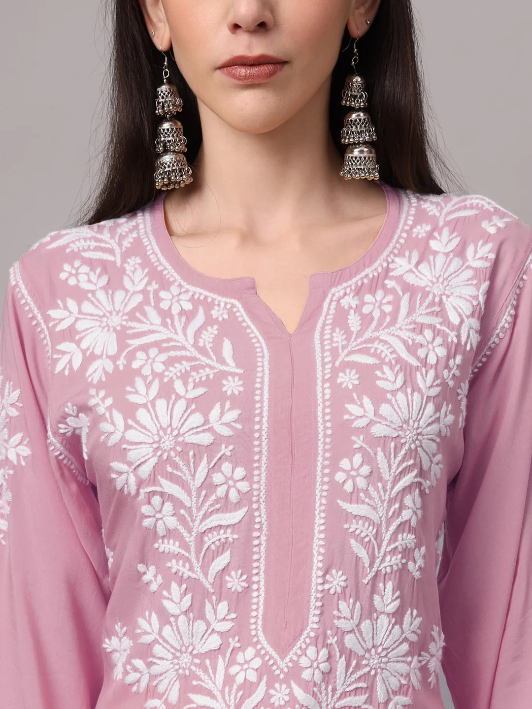 Women Hand Embroidered Modal Chikankari Kurta-AL4059 Peach