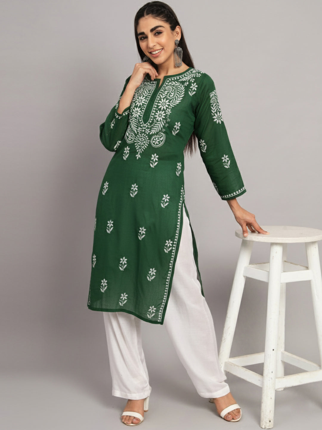 Hand Embroidered Chikankari Cotton Straight Kurta-AL3561 Bottlegreen