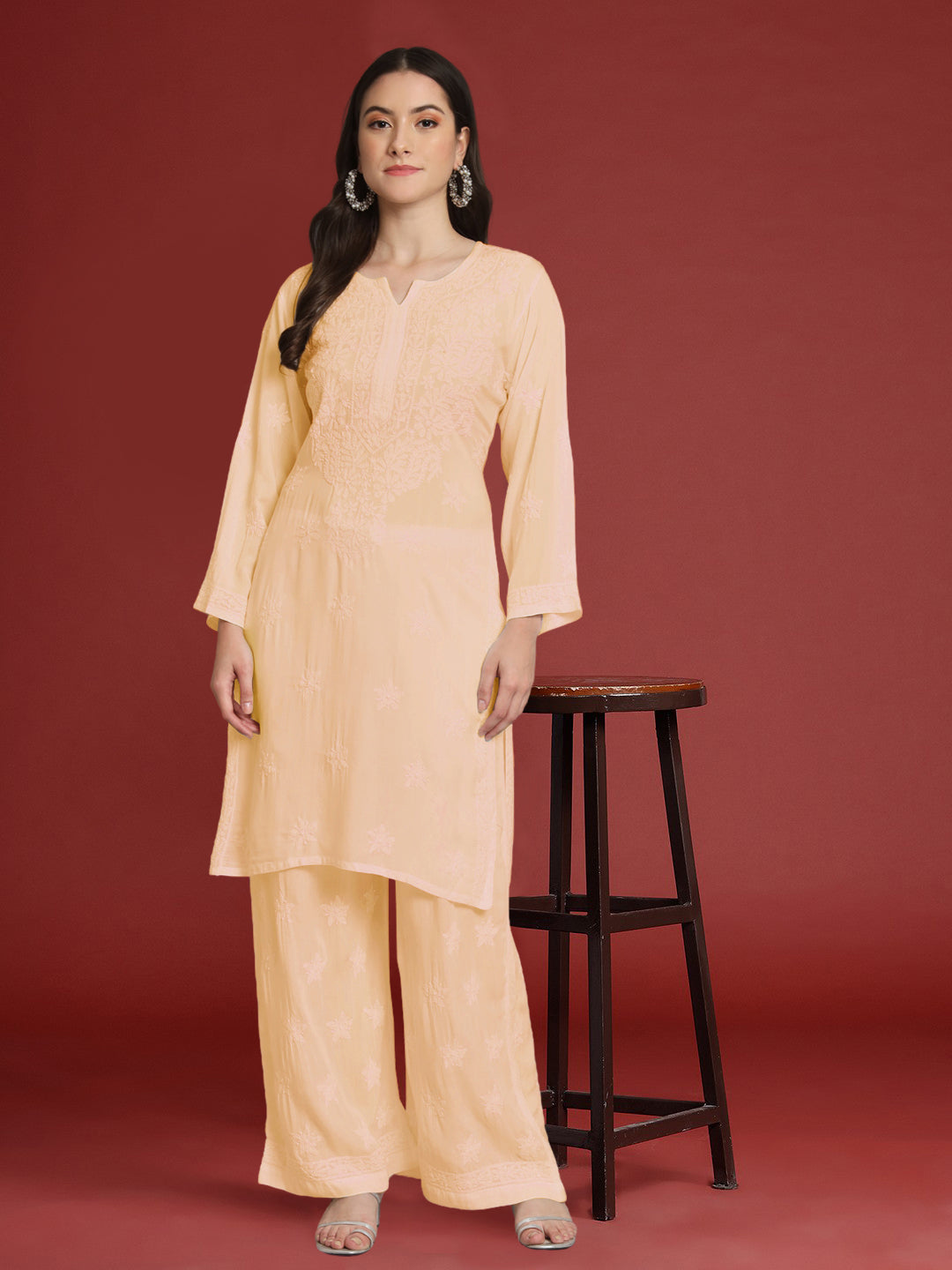 Hand Embroidered Chikankari Modal Kurta with Palazzo- AL3662KS Orange