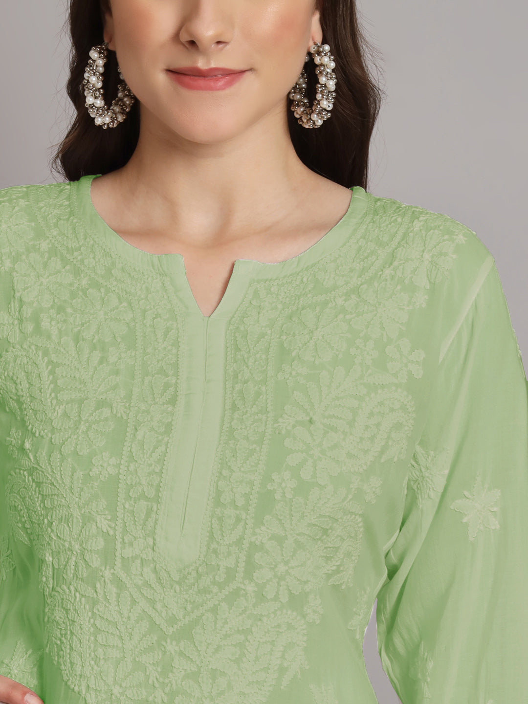 Hand Embroidered Chikankari Modal Kurta with Palazzo- AL3662KS Green