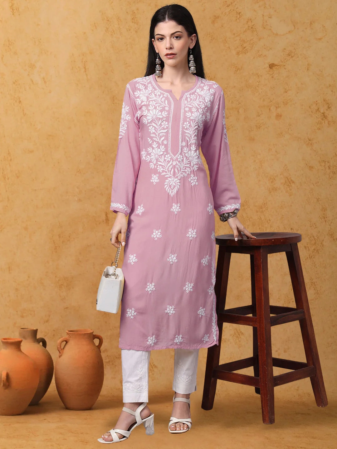 Women Hand Embroidered Modal Chikankari Kurta-AL4059 Peach