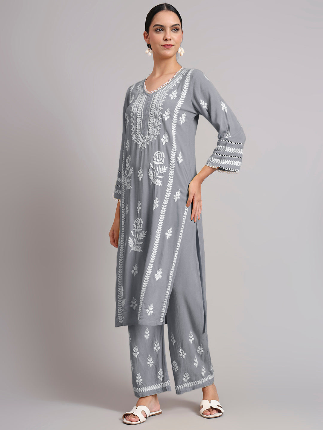 Women Hand Embroidered Lucknowi Chikankari Rayon Kurta Set-AL4078KS Grey