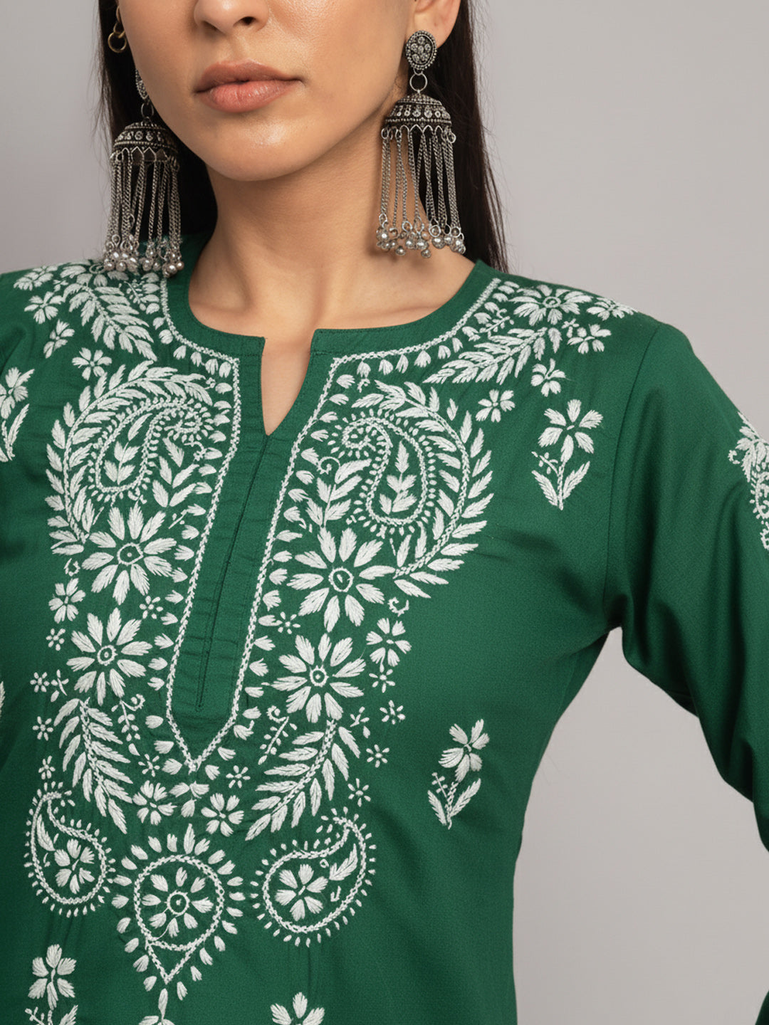 Hand Embroidered Chikankari Cotton Straight Kurta-AL3561 Bottlegreen