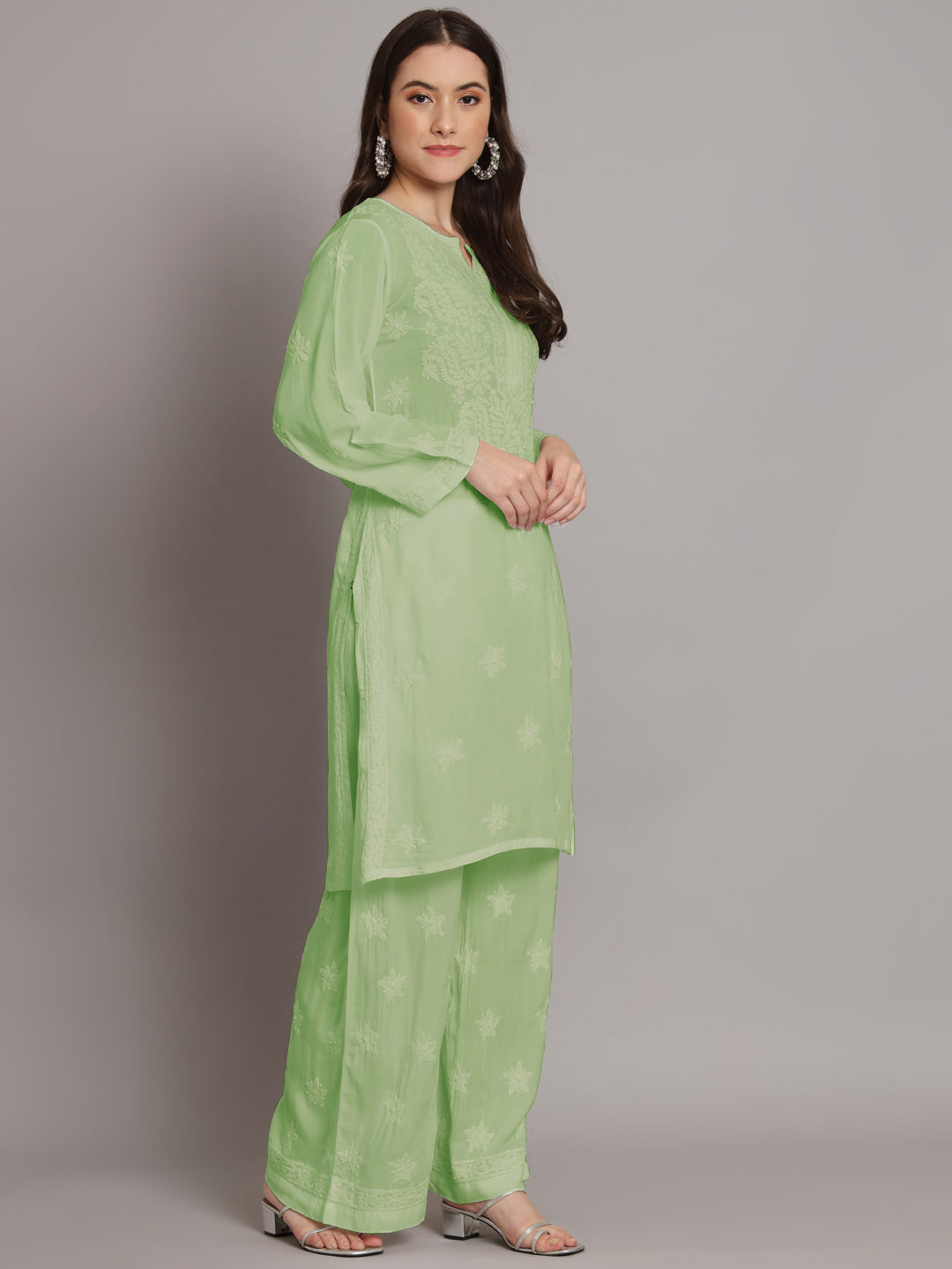 Hand Embroidered Chikankari Modal Kurta with Palazzo- AL3662KS Green