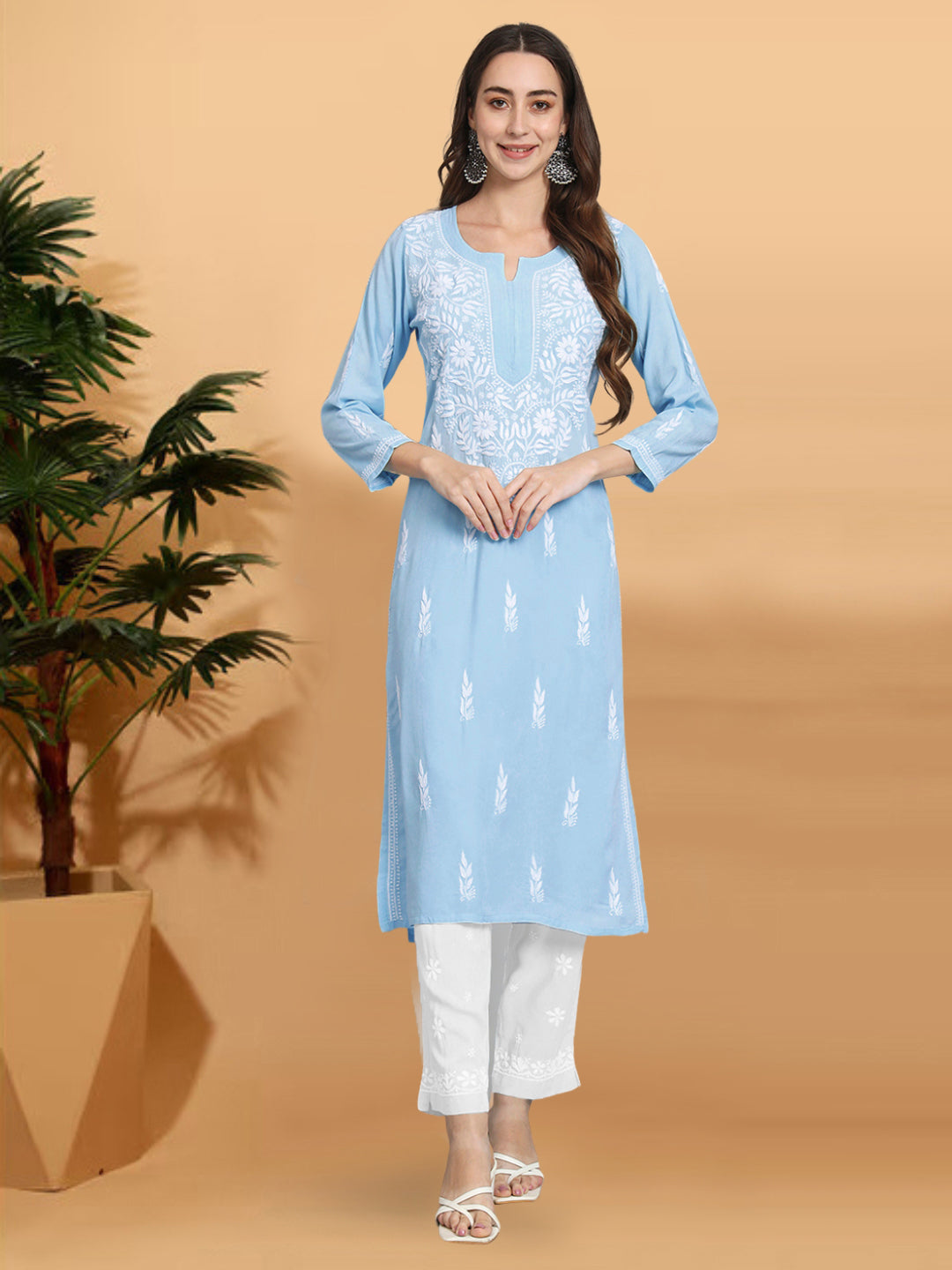 Hand Embroidered Chikankari Rayon Straight Kurta-AL3451 Denimblue