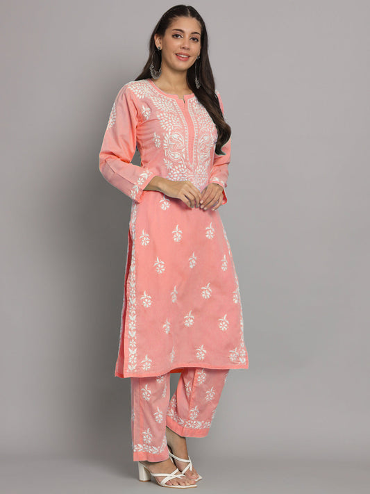 Women Hand Embroidered Chikankari Cotton Kurta Set-AL3674KS Peach
