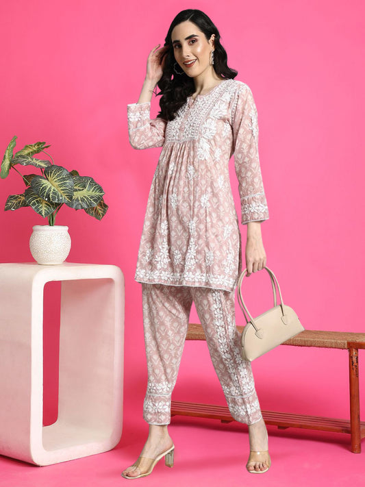 Printed Mulmul Co-Ord Set for Women-AL4055 Onionpink