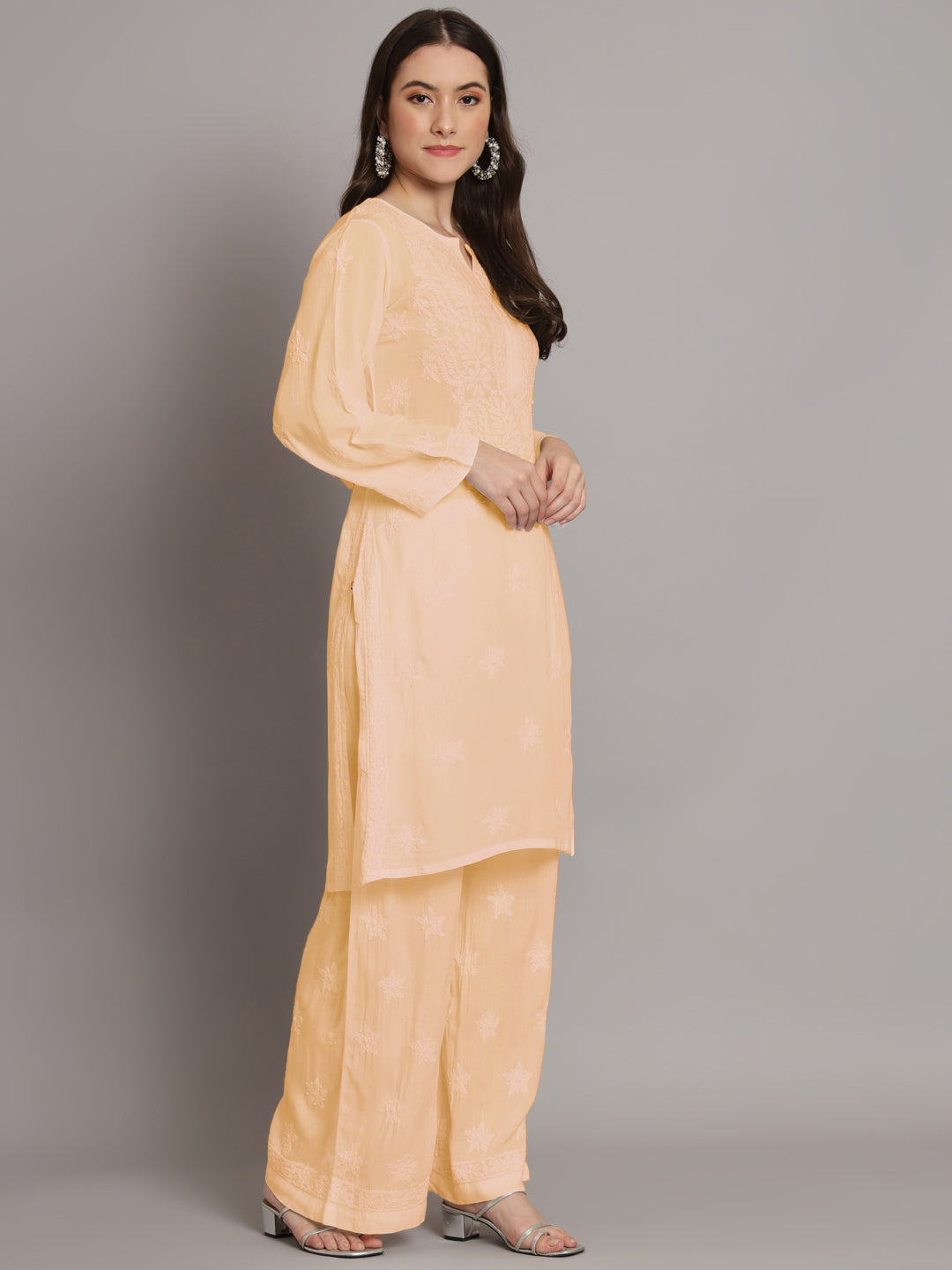 Hand Embroidered Chikankari Modal Kurta with Palazzo- AL3662KS Orange