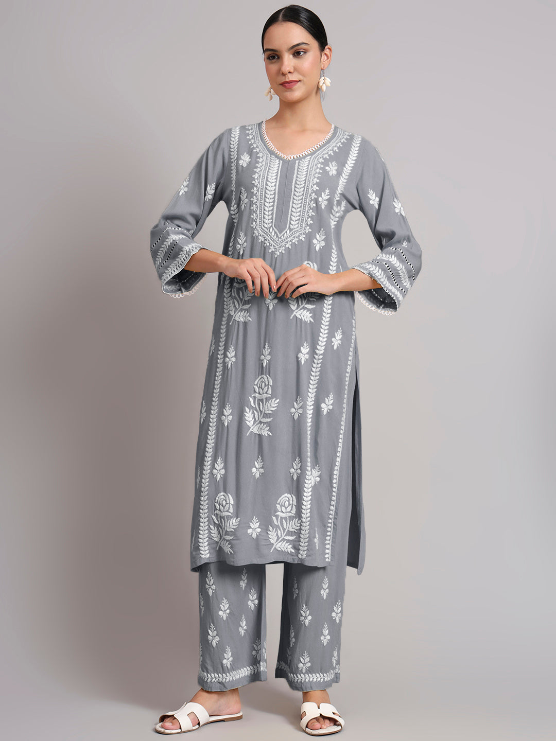Women Hand Embroidered Lucknowi Chikankari Rayon Kurta Set-AL4078KS Grey