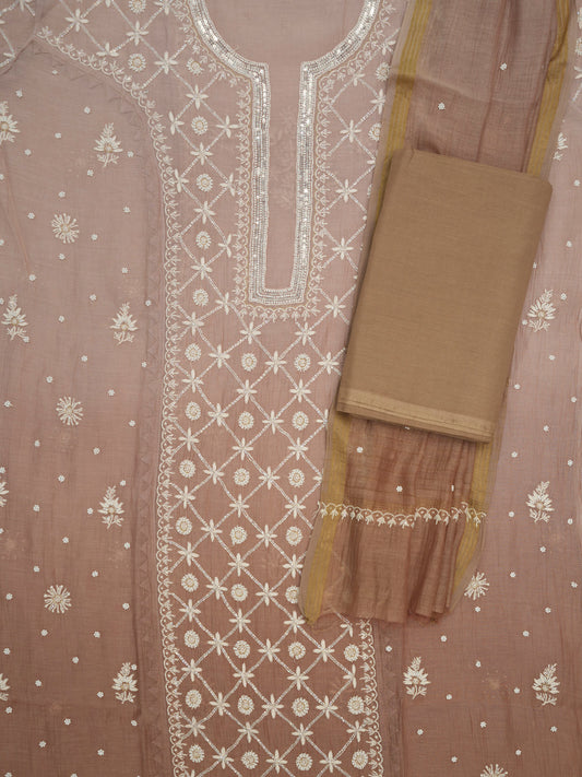 Women Hand Embroidered Premium Chikankari Mul Chanderi Unstitched Kurta Dupatta Bottom Set-ALSCA85201FS Brown