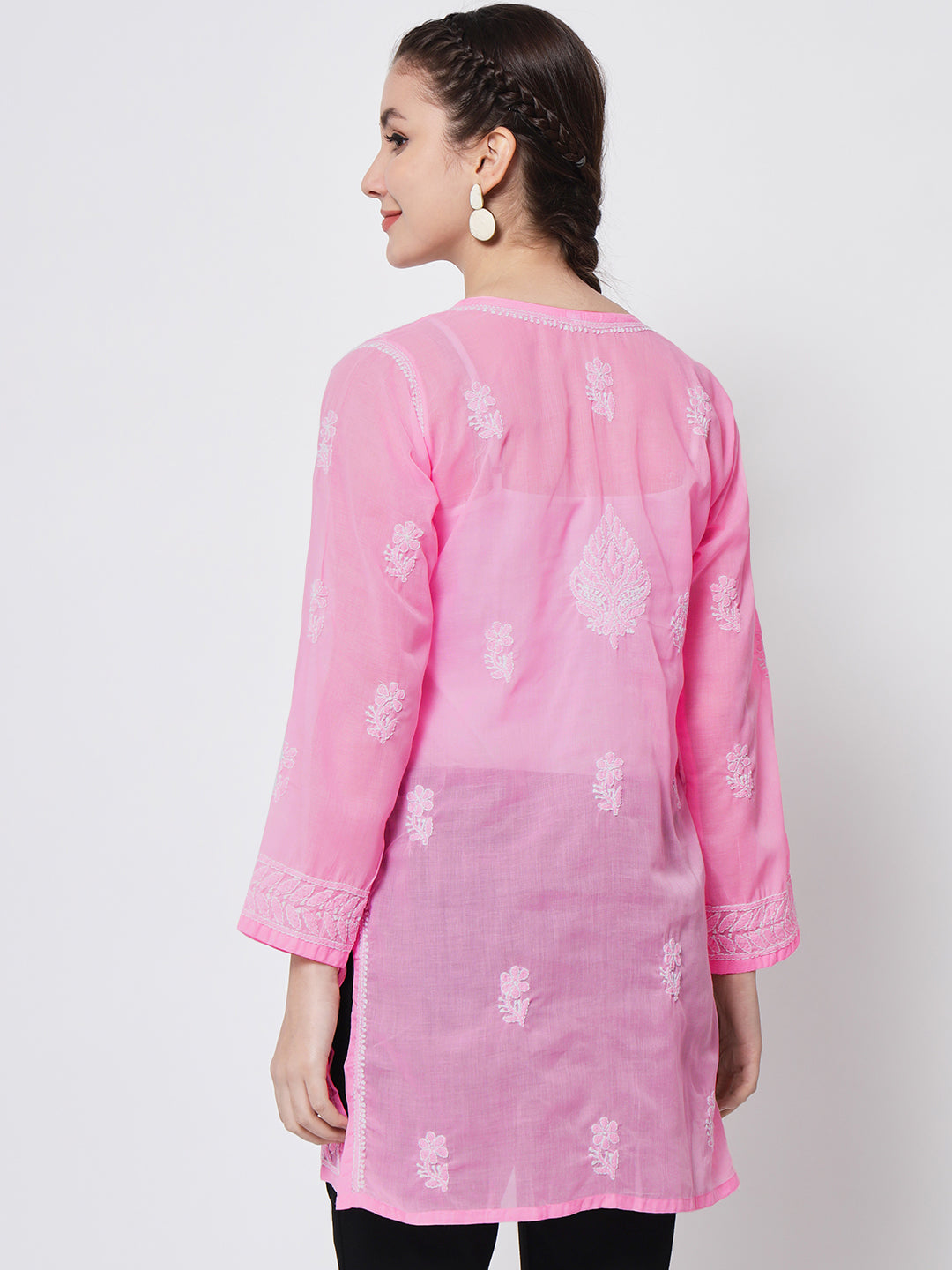 Hand Embroidered Chikankari Cotton Straight Kurti-AL3595 Darkpink