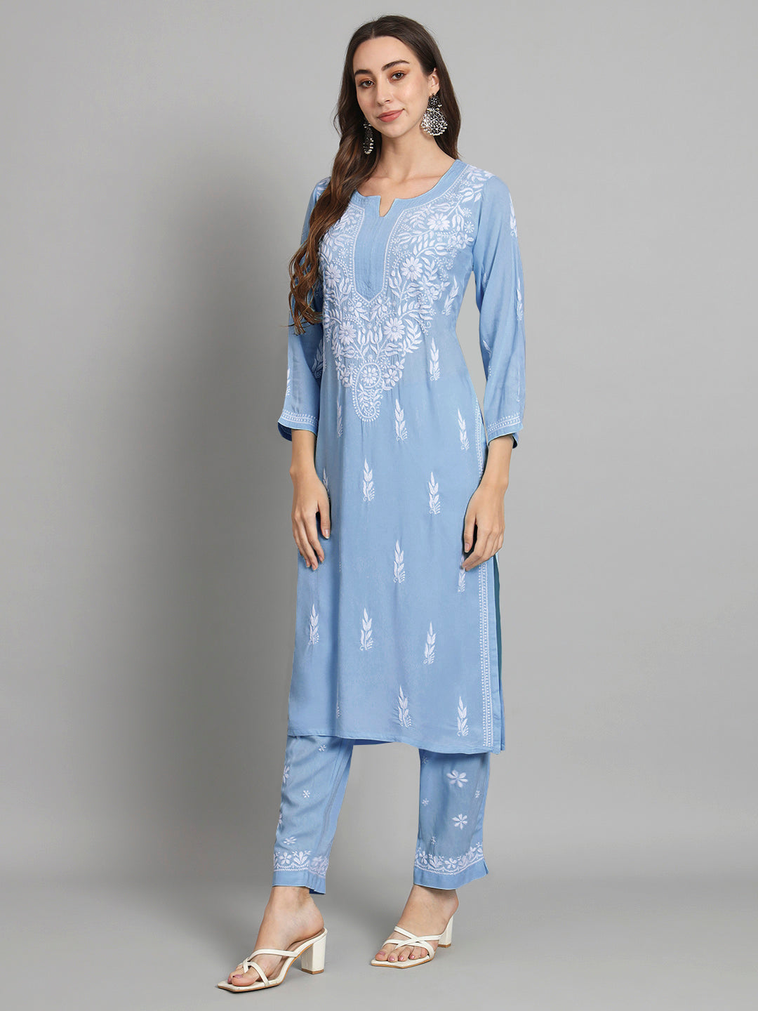 Women Hand Embroidered Chikankari Rayon Kurta set-AL3451KS Denim