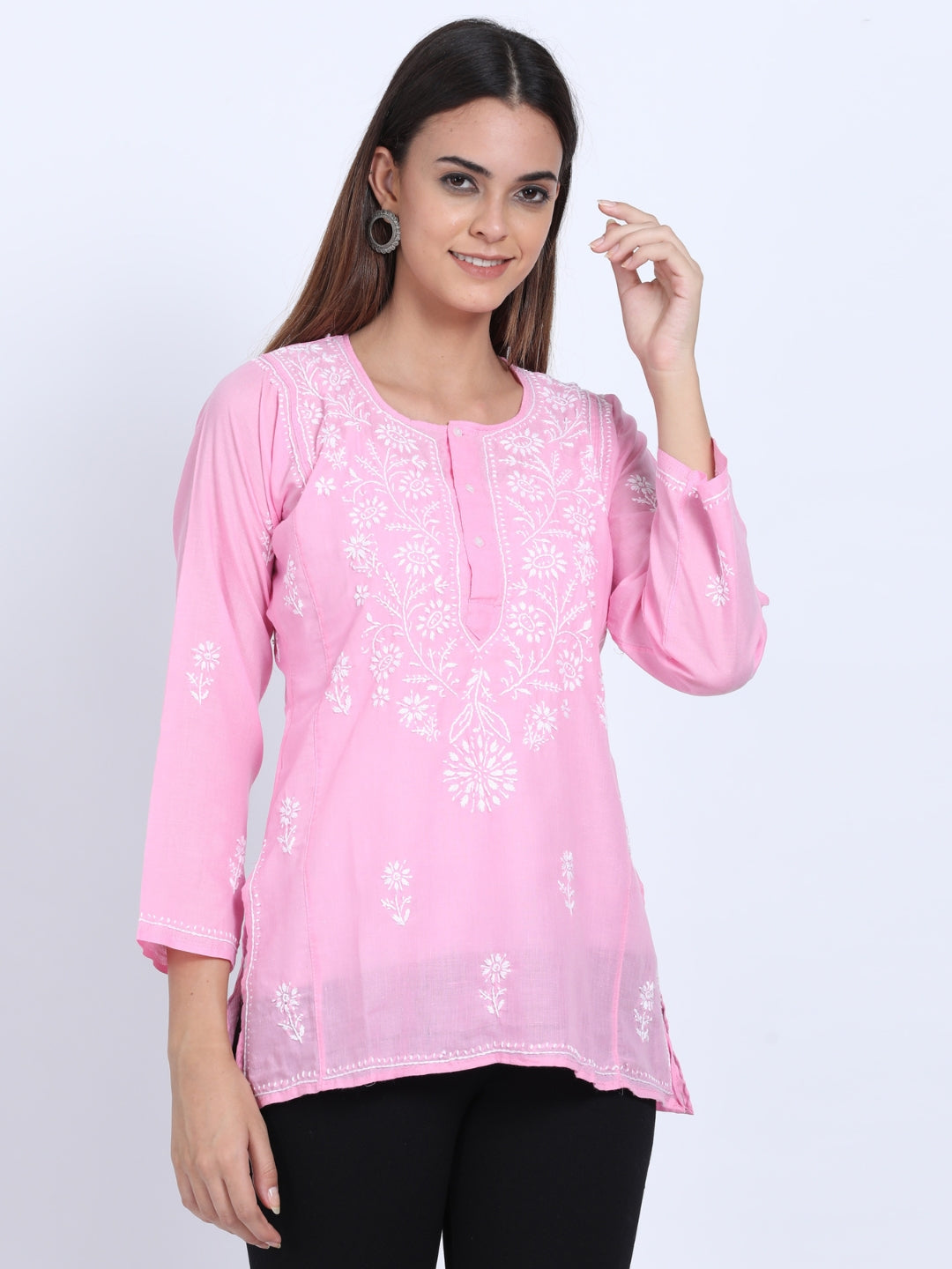 Women Hand Embroidered Chikankari Cotton Kurti-ALSTV115 Pink