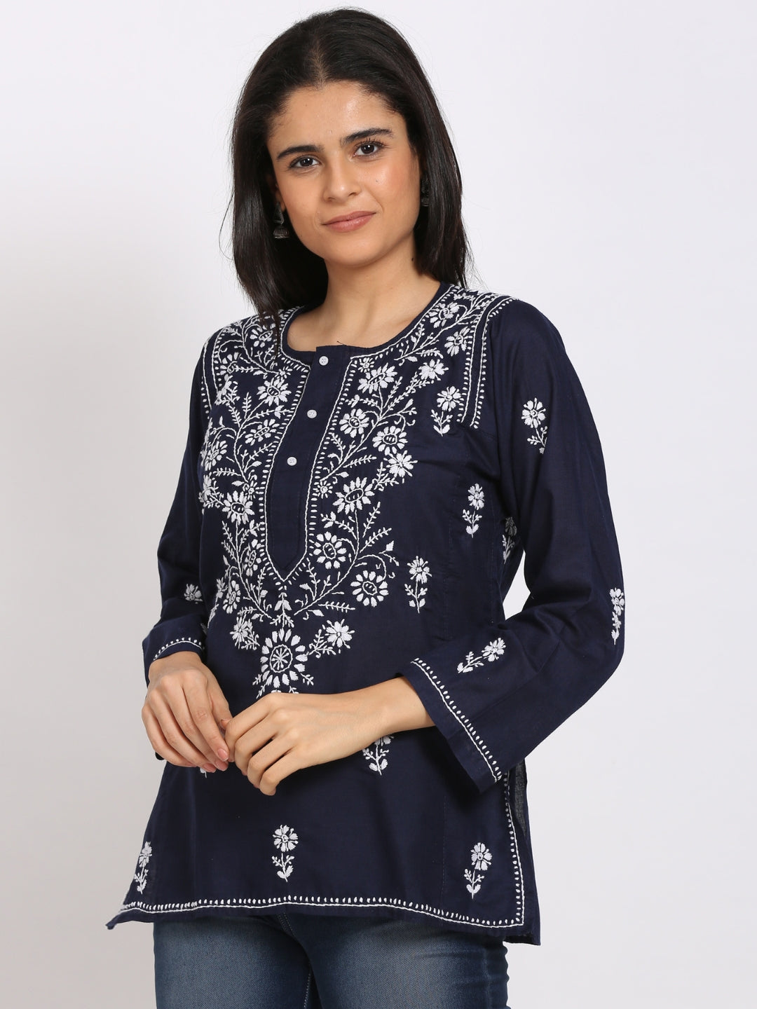 Women Hand Embroidered Chikankari Cotton Kurti-ALSTV115 Navy