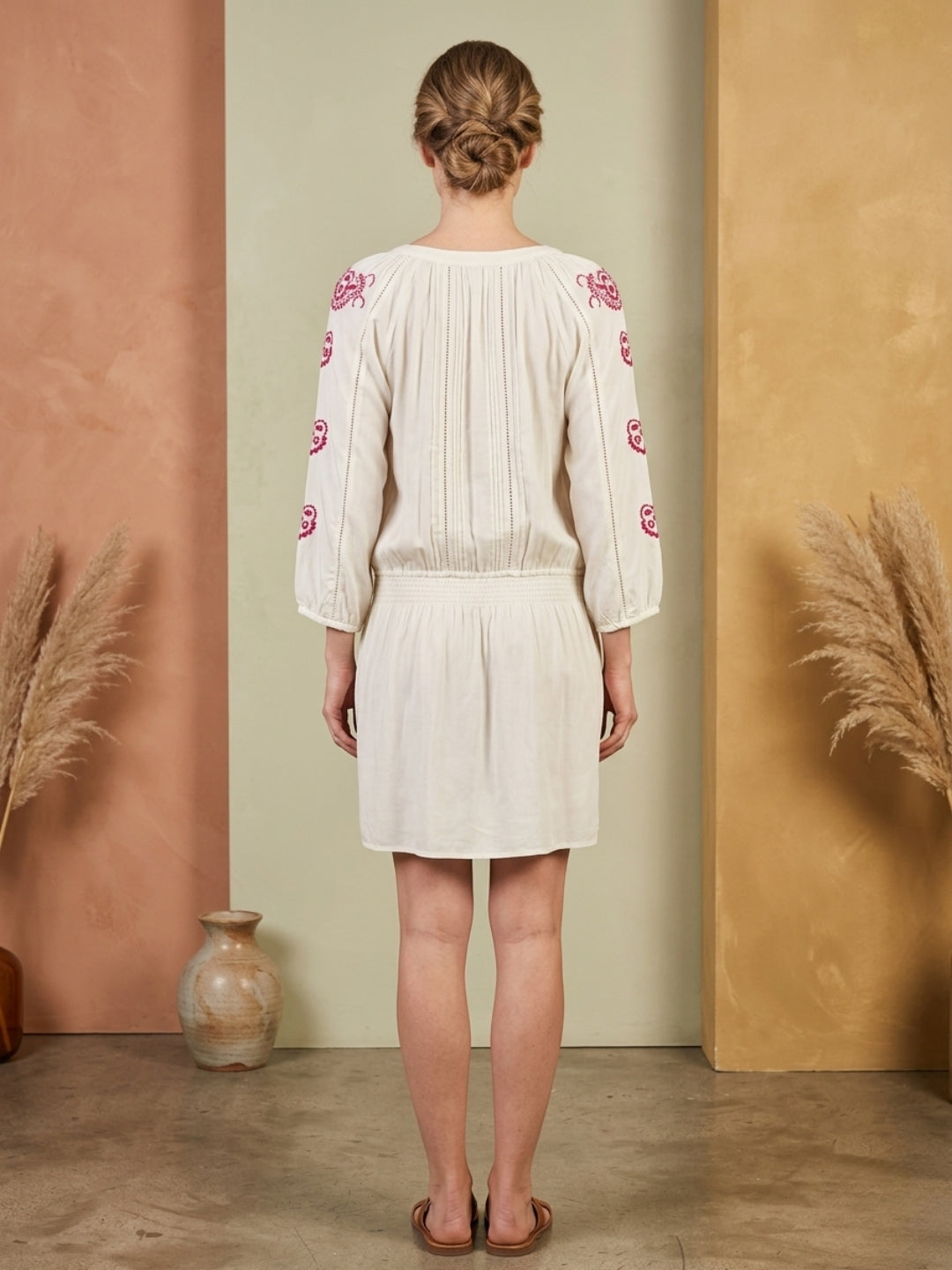Women Embroidered Rayon Midi Dress -AL3754 Pink