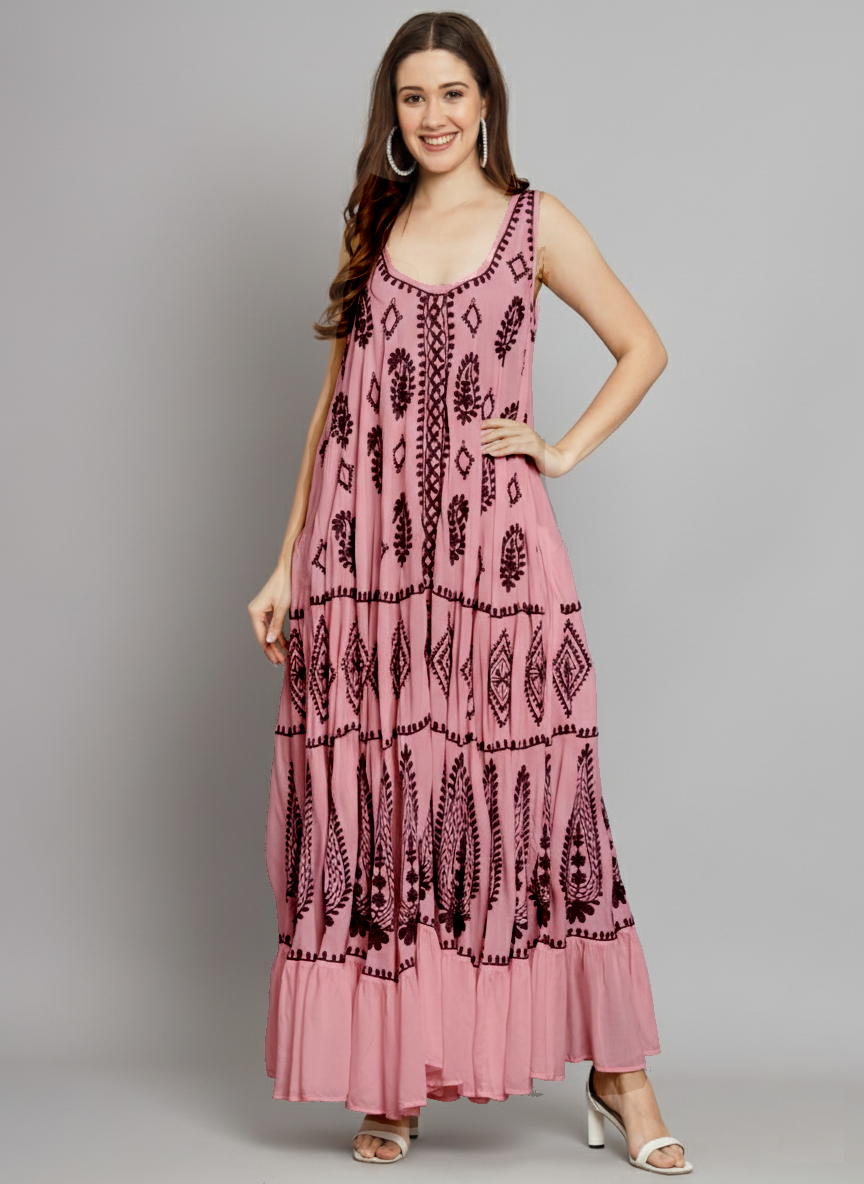 Hand Embroidered Chikankari Modal Kaftan-AL3605A Dustypink