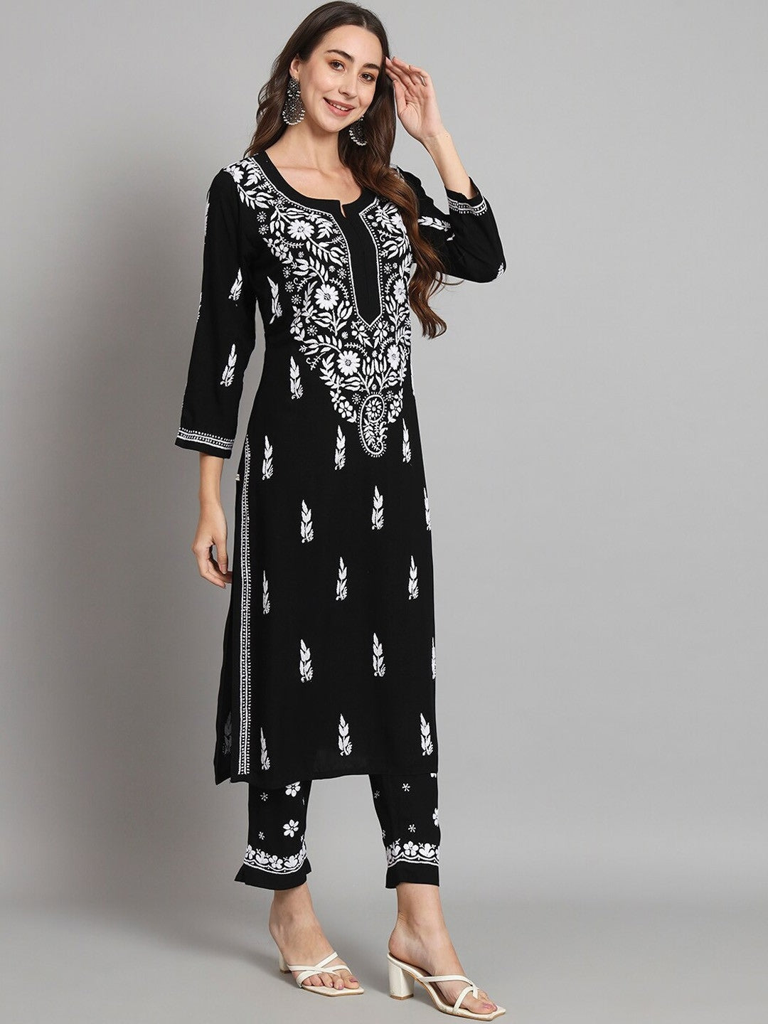 Women Hand Embroidered Chikankari Rayon Kurta set-AL3451KS Black