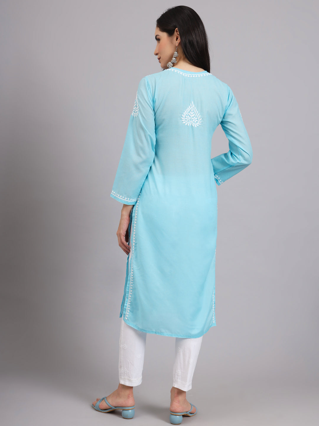 Hand Embroidered Chikankari Cotton Straight Kurta-AL3997 Sky Blue