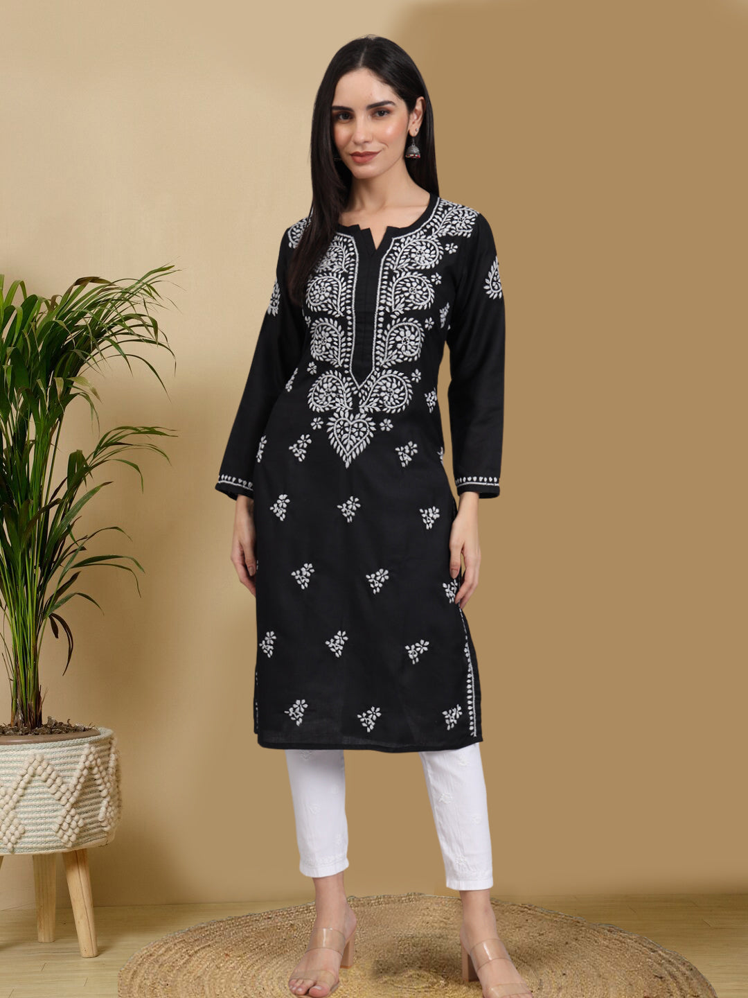 Hand Embroidered Chikankari Cotton Straight Kurta-AL3997 Black