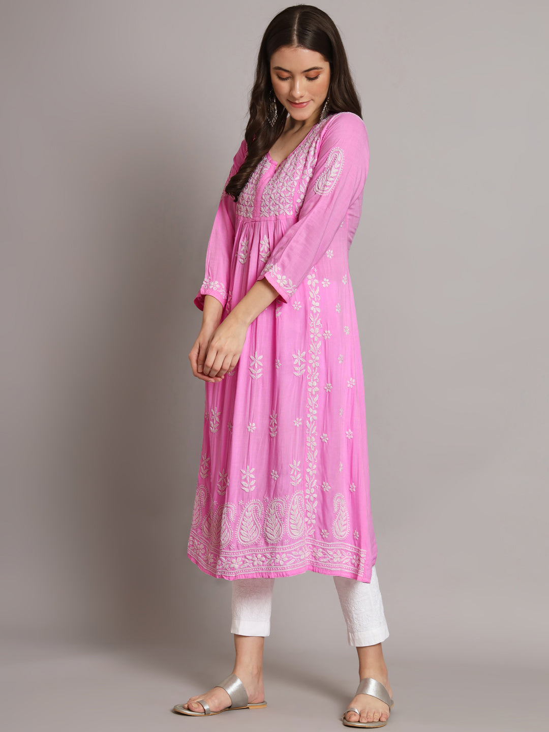 Women Hand Embroidered Chikankari Rayon Kurta-AL3549 Darkpink