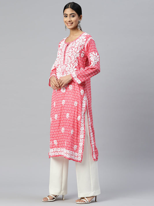 Women Hand Embroidered Lucknowi Chikankari Mulmul Cotton Kurta - AL3650 Pink