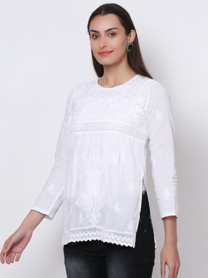 Hand Embroidered Chikankari Cotton Straight Tunic With Qureshia Lace-AL3347