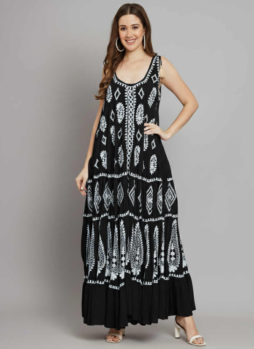 Hand Embroidered Chikankari Modal Kaftan-AL3605A Black&White