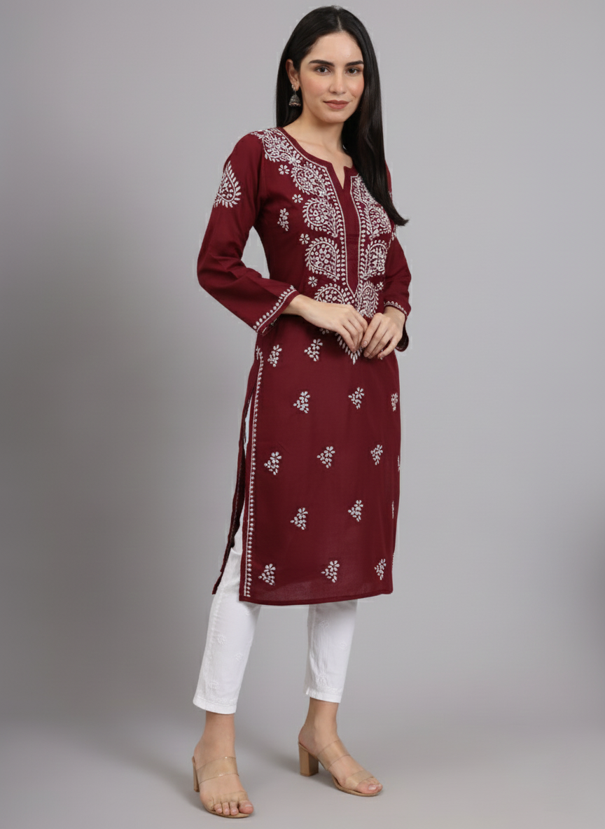 Women Chikankari Hand Embroidered Cotton Kurta -AL3997 Maroon