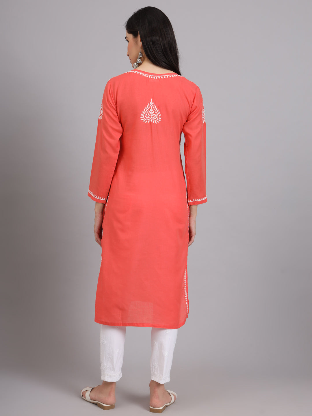 Hand Embroidered Chikankari Cotton Straight Kurta-AL3997 Coral