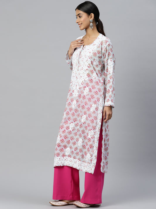 Women Hand Embroidered Chikankari Cotton Kurta-AL3649 Skyblue