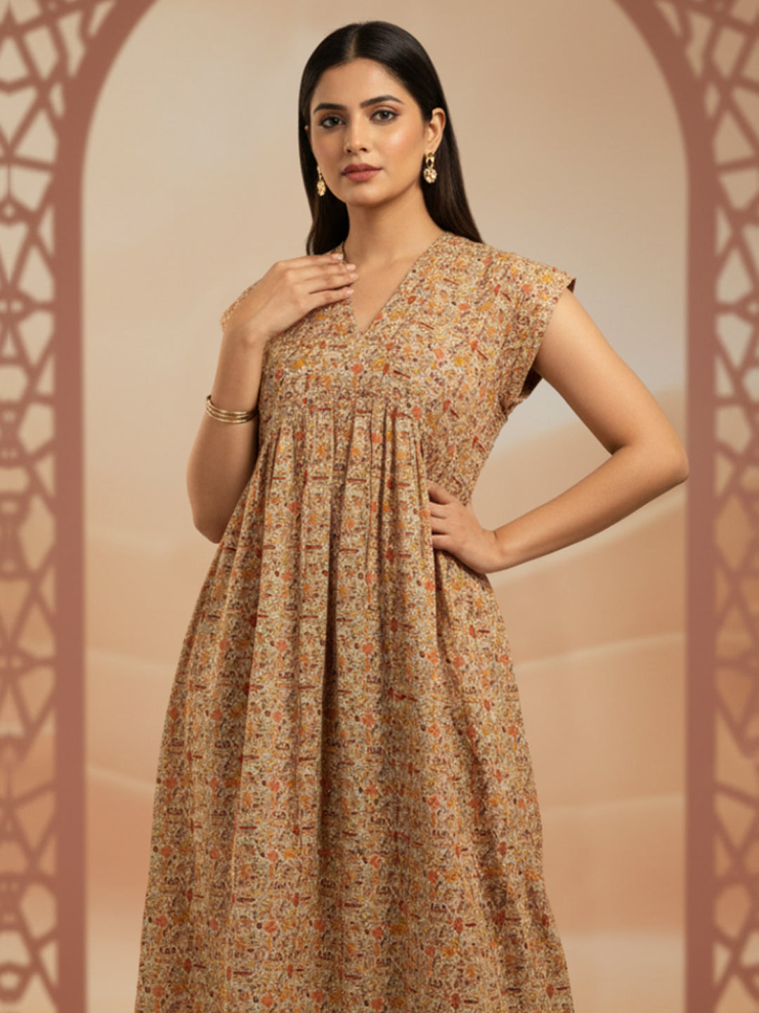 Women Printed Embroidered Cotton Jalabiya with Cap Sleeves-AL3697C Beige