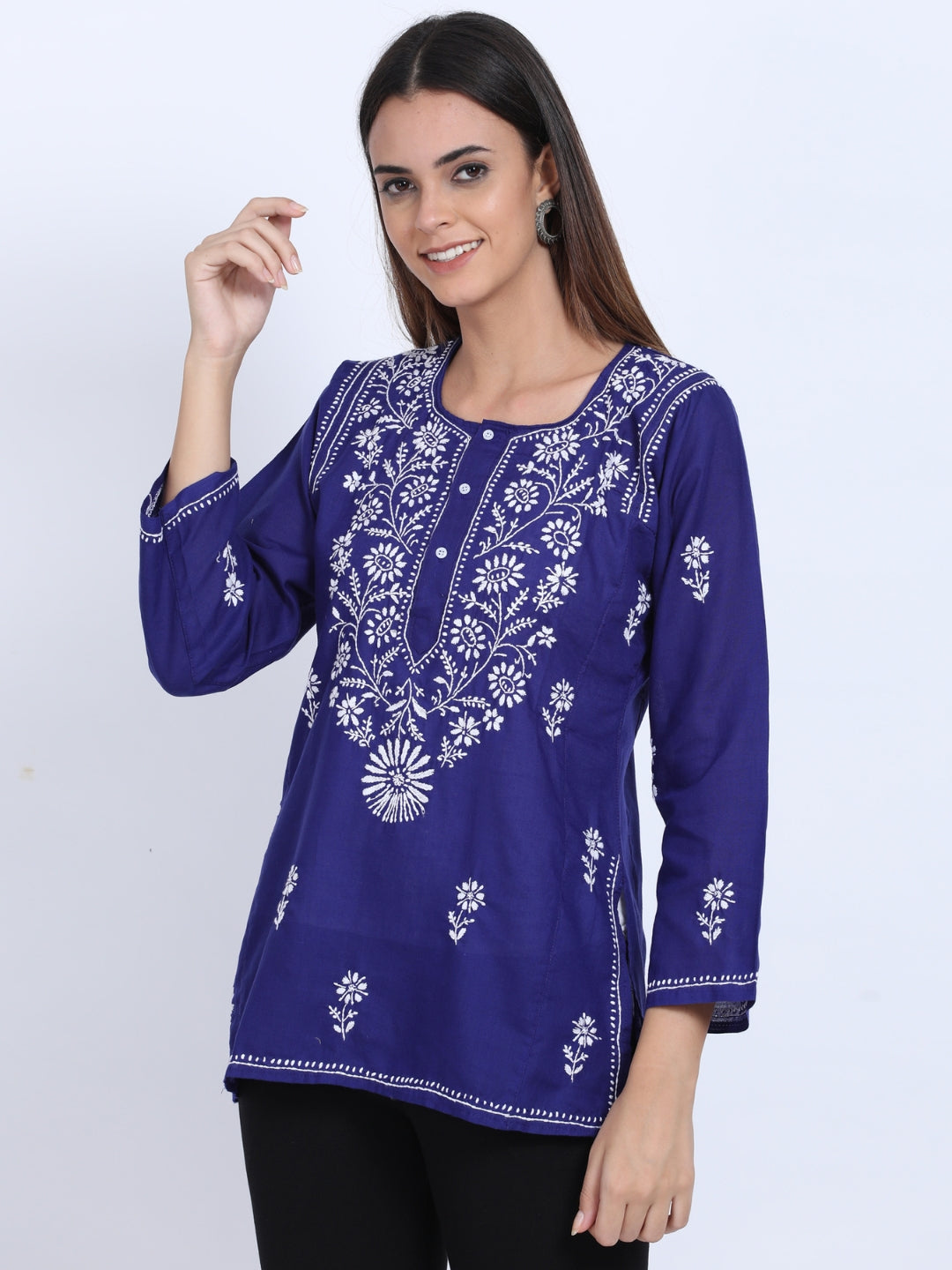 Women Hand Embroidered Chikankari Cotton Kurti-ALSTV115 Darkblue