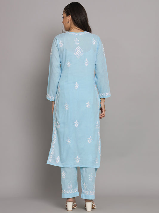 Women Hand Embroidered Chikankari Cotton Kurta Set-AL3674KS Blue