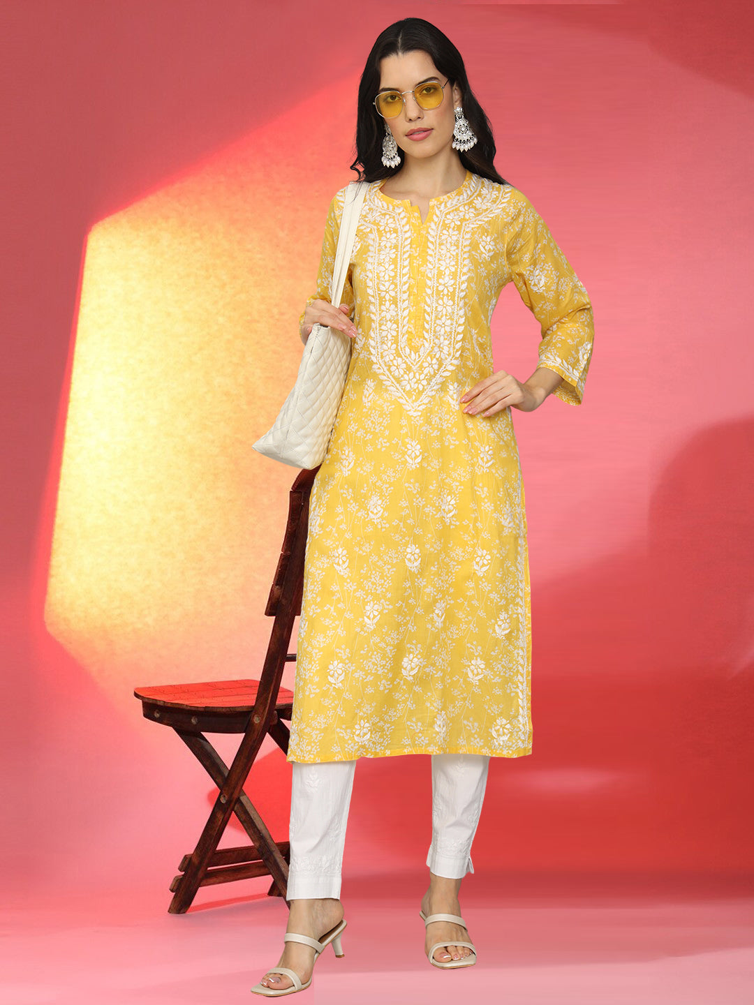 Women Hand Embroidered Chikankari Mulmul Cotton Printed Kurta-AL4041 Yellow