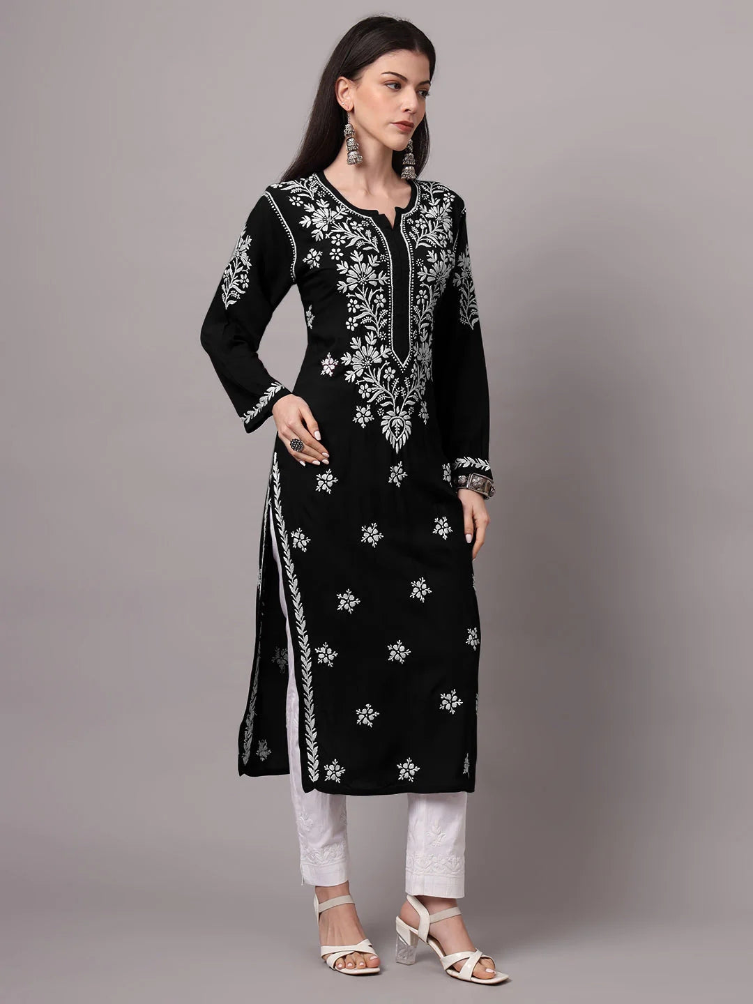 Women Hand Embroidered Modal Chikankari Kurta-AL4059 Black
