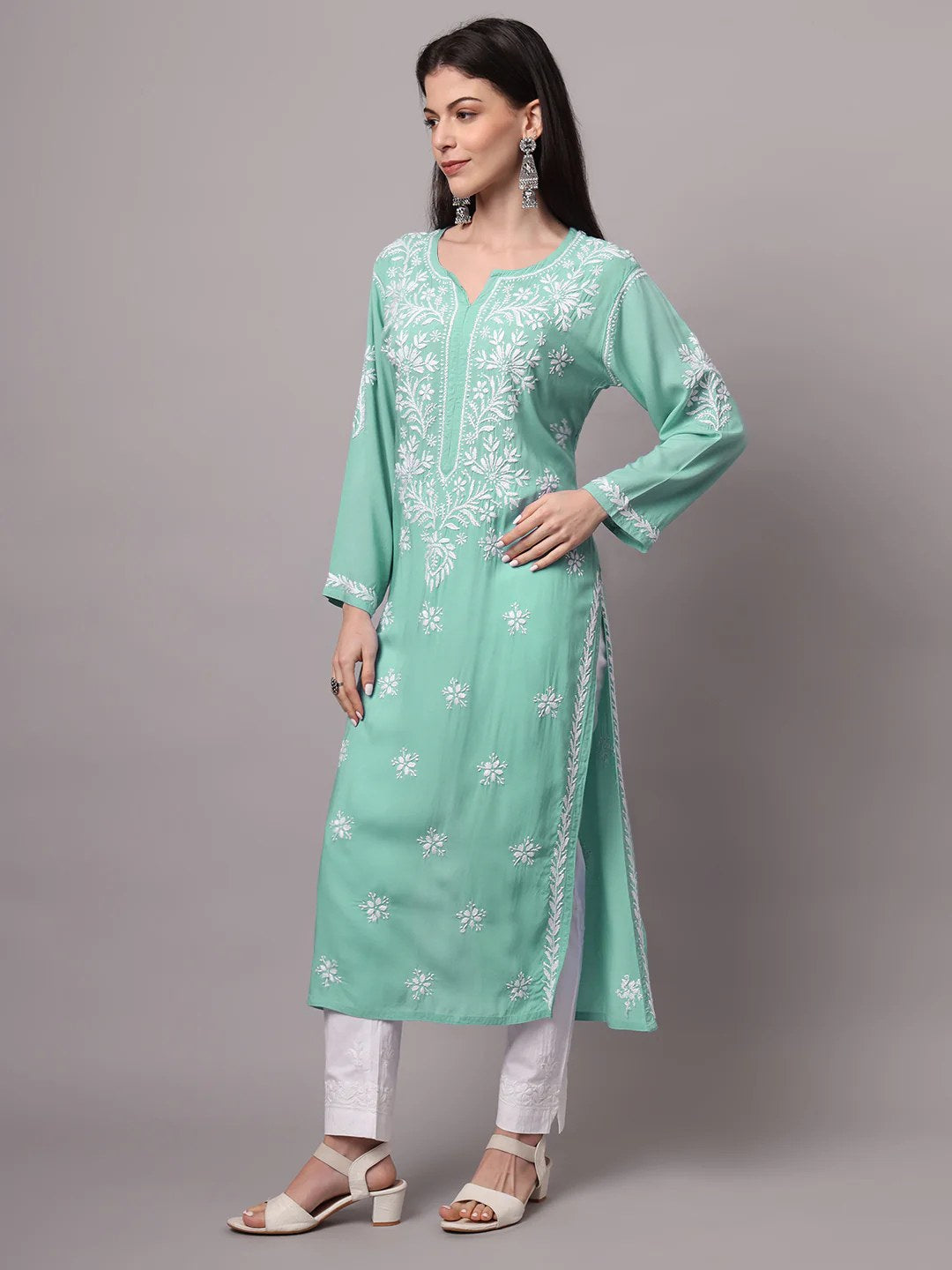 Women Hand Embroidered Chikankari Modal Kurta-AL4059 Sea Green