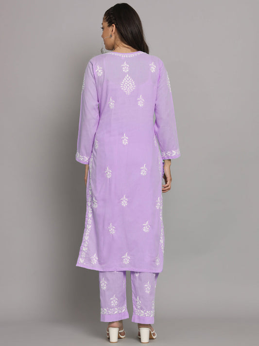 Women Hand Embroidered Chikankari Cotton Kurta Set-AL3674KS Lavender