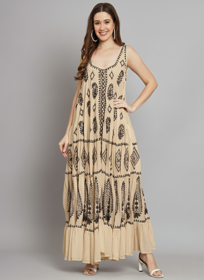Hand Embroidered Chikankari Modal Kaftan-AL3605A Beige