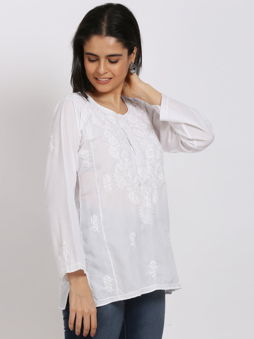 Women Hand Embroidered Chikankari Cotton Kurti-ALSTV115 White