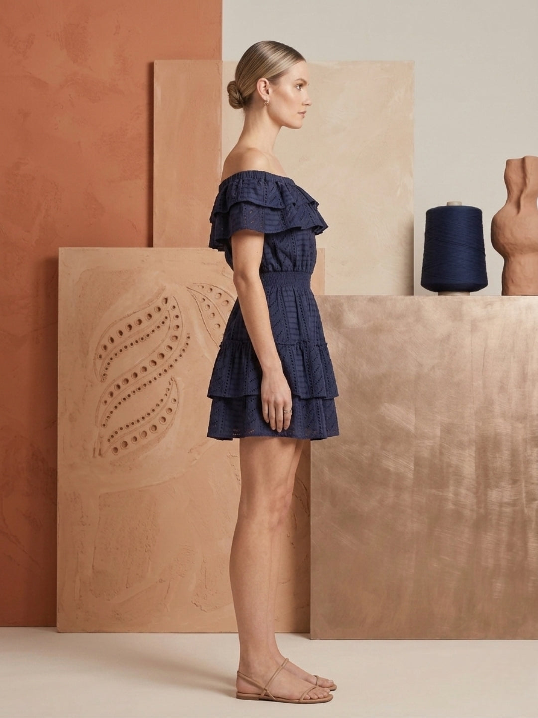 Women Cotton Off Shoulder Midi -AL3748 Navy