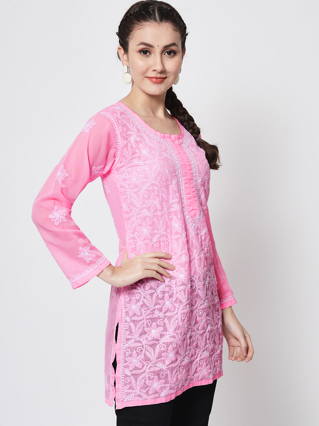 Hand Embroidered Chikankari Cotton Straight Tunic-AL3591 Darkpink