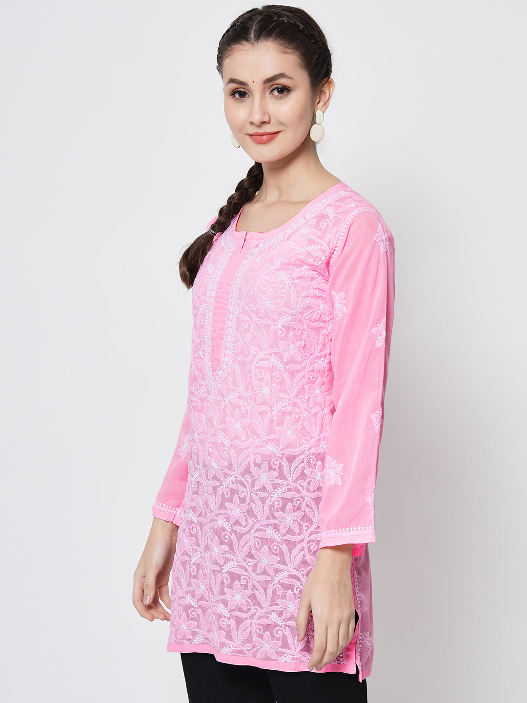 Hand Embroidered Chikankari Cotton Straight Tunic-AL3591 Darkpink