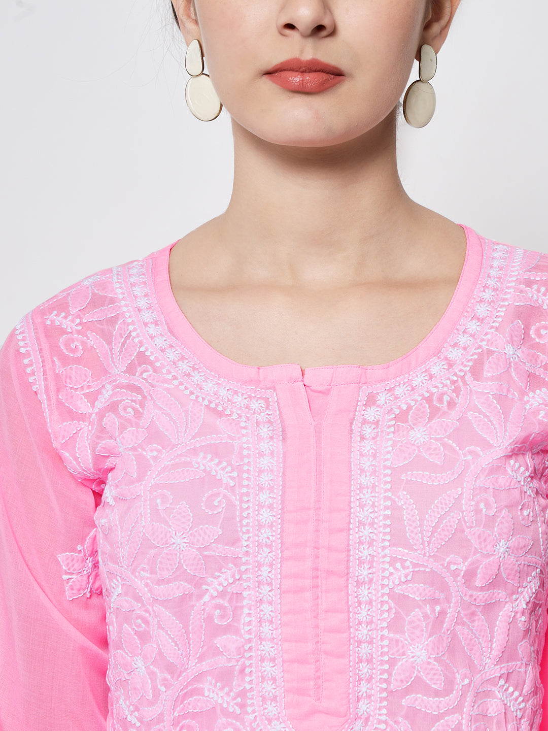 Hand Embroidered Chikankari Cotton Straight Tunic-AL3591 Darkpink