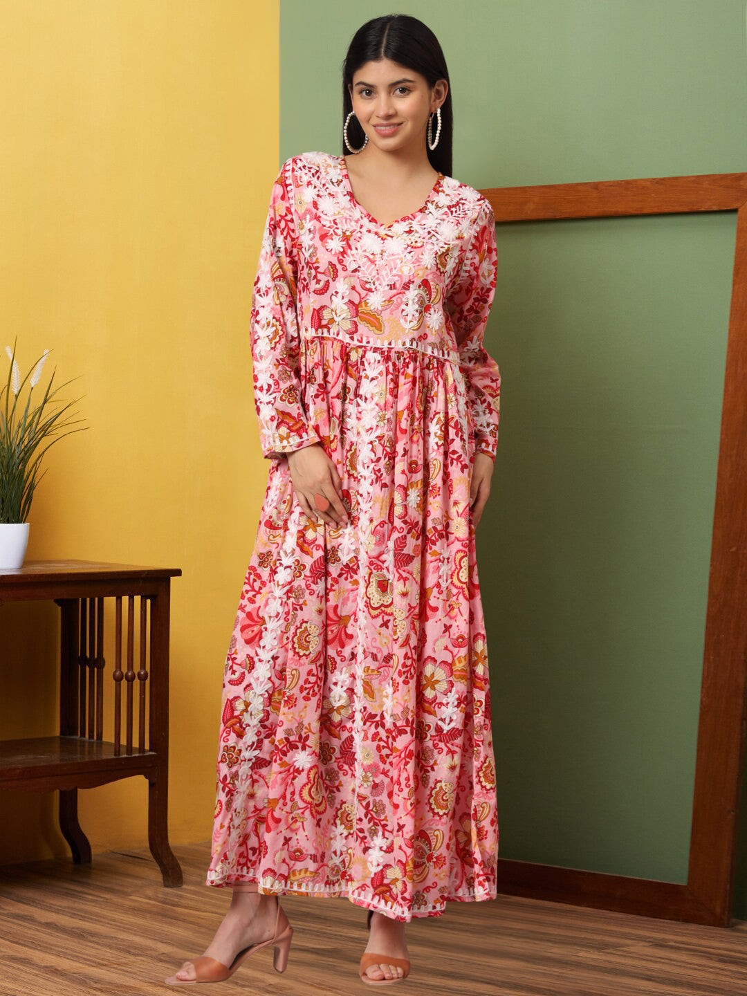 Hand Embroidered Lucknowi Chikankari Printed Mulmul Cotton Jalabiya-AL3936 Coral