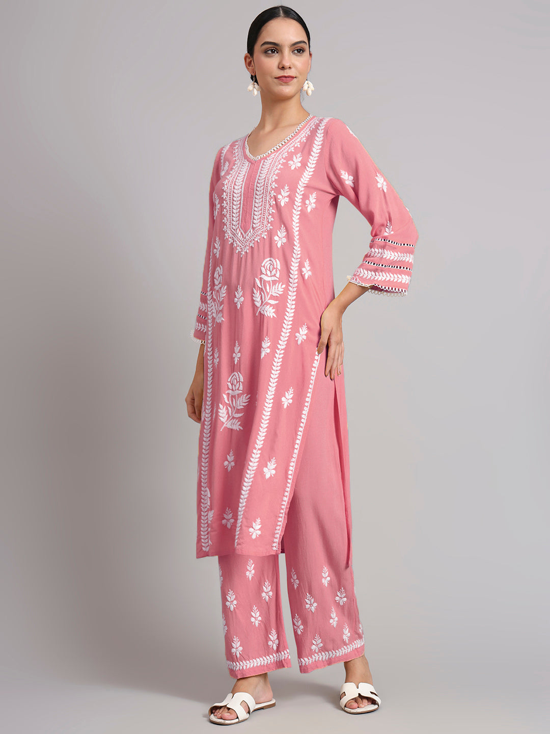 Women Hand Embroidered Lucknowi Chikankari Rayon Kurta Set-AL4078KS Rust
