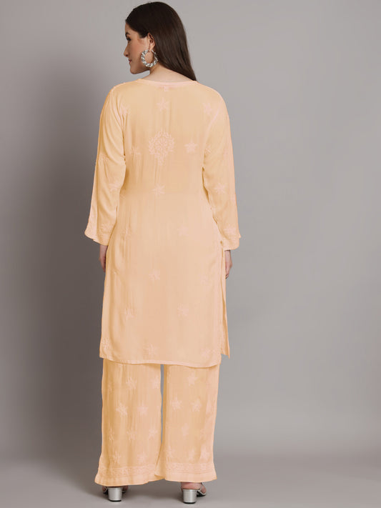 Hand Embroidered Chikankari Modal Kurta with Palazzo- AL3662KS Orange