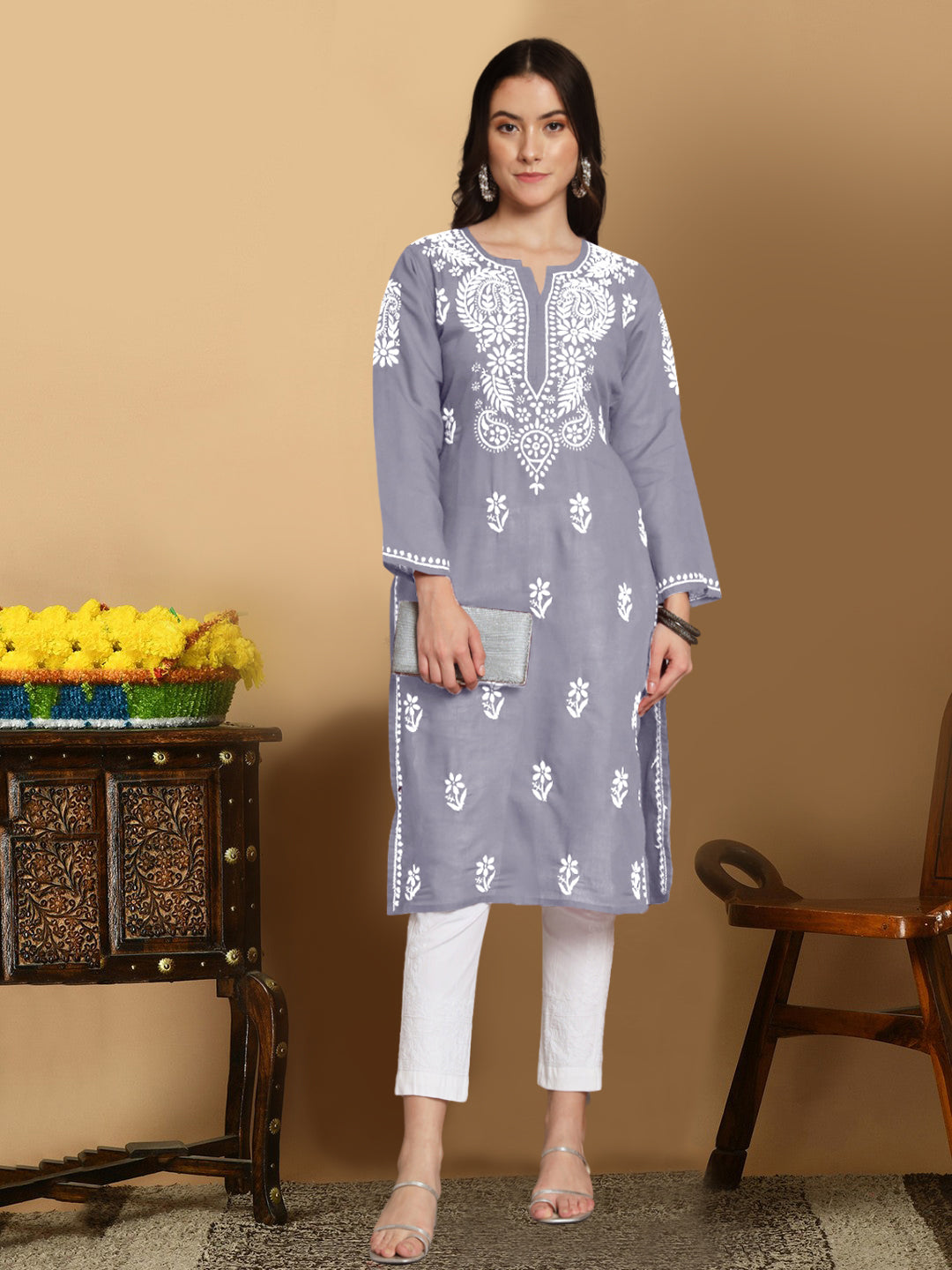 Hand Embroidered Chikankari Cotton Straight Kurta- AL3561 Grey