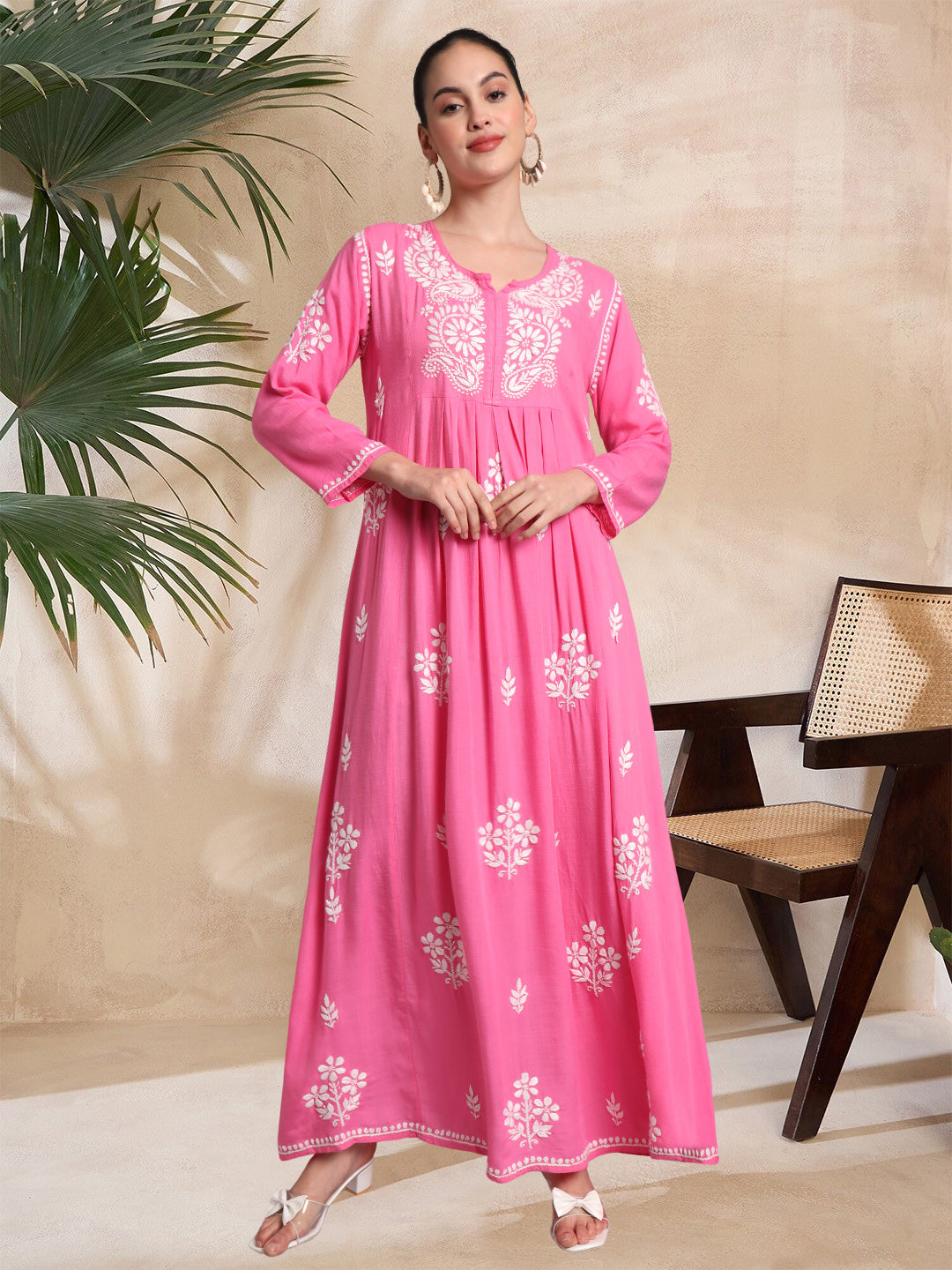 Hand Embroidered Chikankari A-Line Gathering Pattern Rayon Jalabiya-AL4012 Hotpink